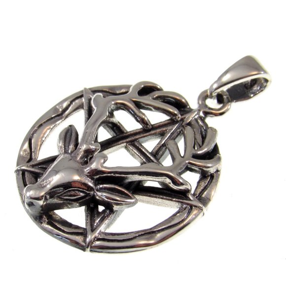 Solid 925 Sterling Silver Reindeer Pentacle Pagan Pentagram Pendant - Picture 4 of 5